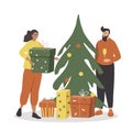 Illustration in a flat style on the theme of christmas - a happy married couple decorates the Christmas tree